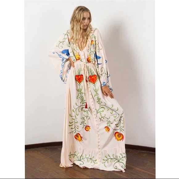 5 ⭐️ Favorite Magic Hearts Boho Embroidered Long Maxi Gown In White - Picture 10 of 16